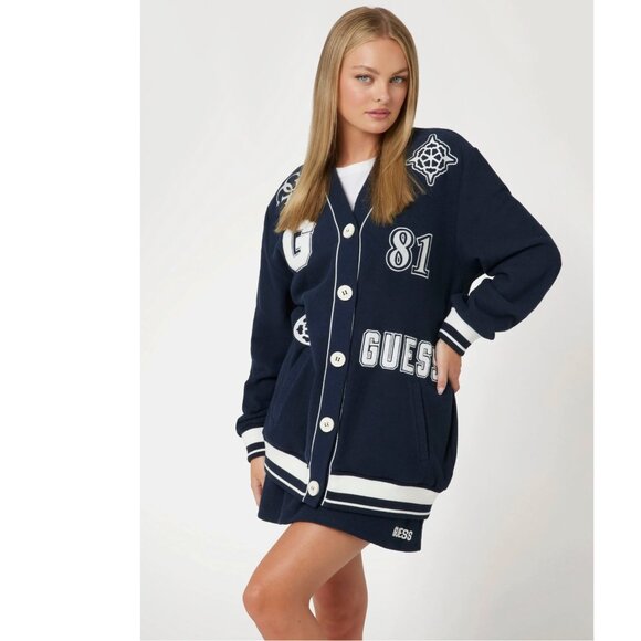 NWT GUESS Eco 81 Patch Varsity Cardigan Navy Blue Oversized Patches Y2K XL - Picture 4 of 9